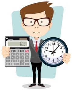 Conceptual vector figure illustration, cartoon businessman with a big calculator and clock in his hands.symbolizing time management, productivity, planning and scheduling.Stock Vector illustration